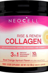 NeoCell Rise & Renew Collagen powder promotes youthful skin with antioxidants and collagen support, blood orange apricot flavor.